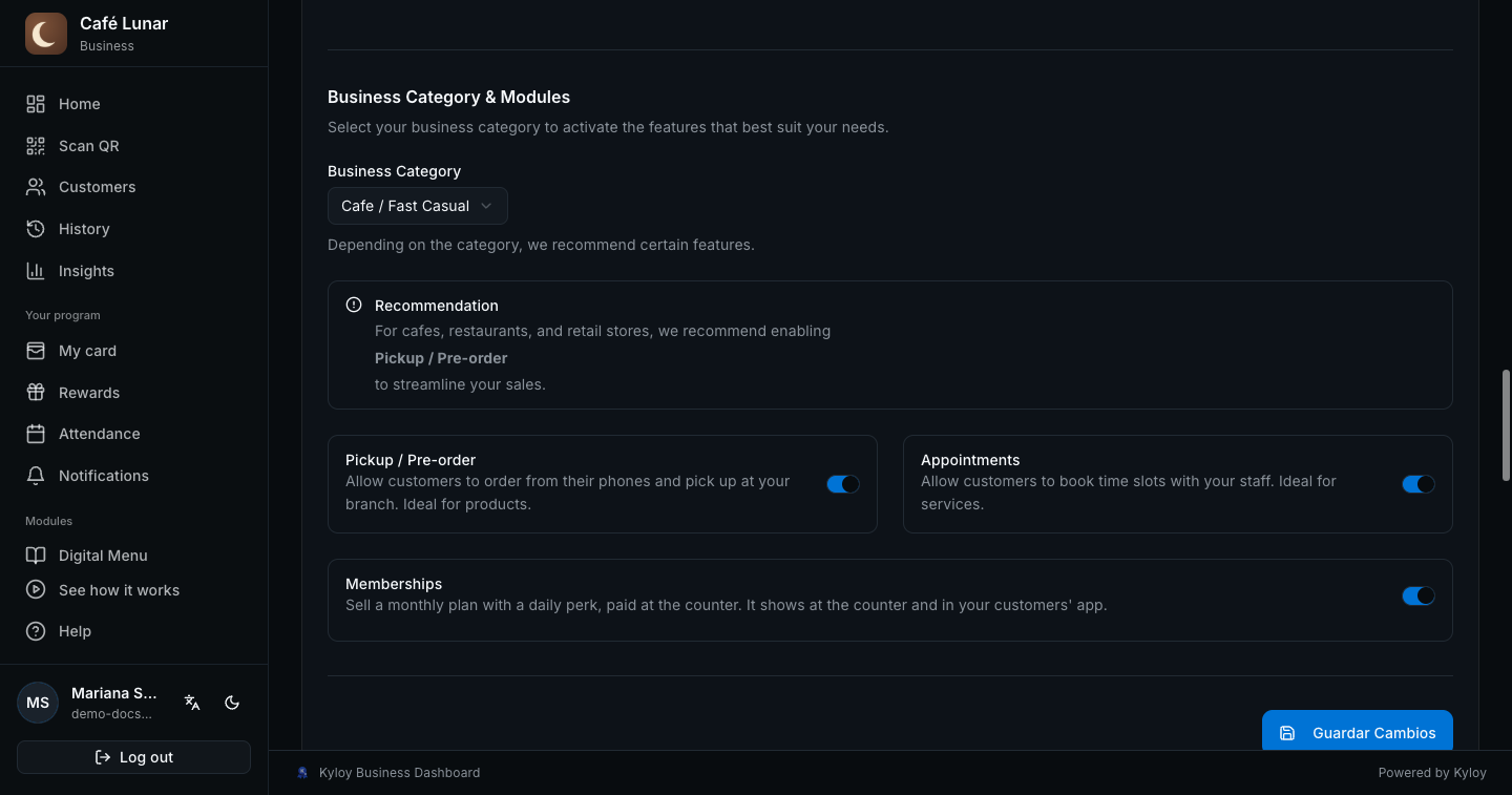 Settings: the Pickup, appointments and memberships switches
