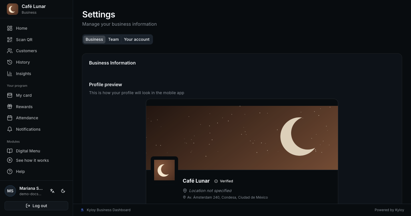 Settings: the profile preview, banner and business logo