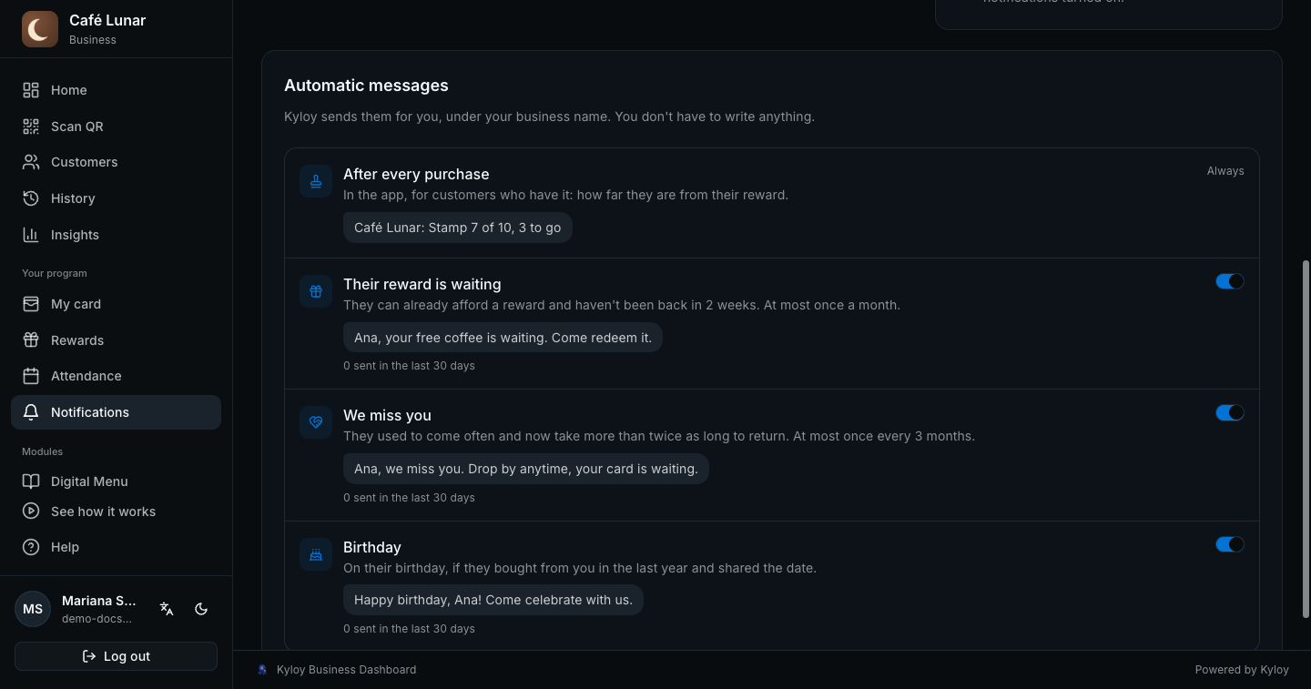 Automatic messages: after every purchase, reward ready, we miss you and birthday, with their switches