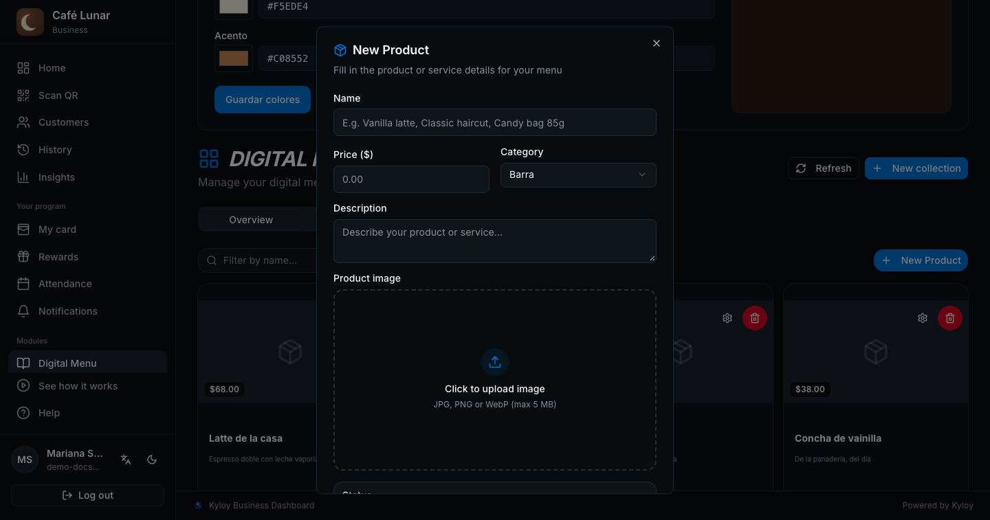 The “New Product” window: name, price, category, description and image