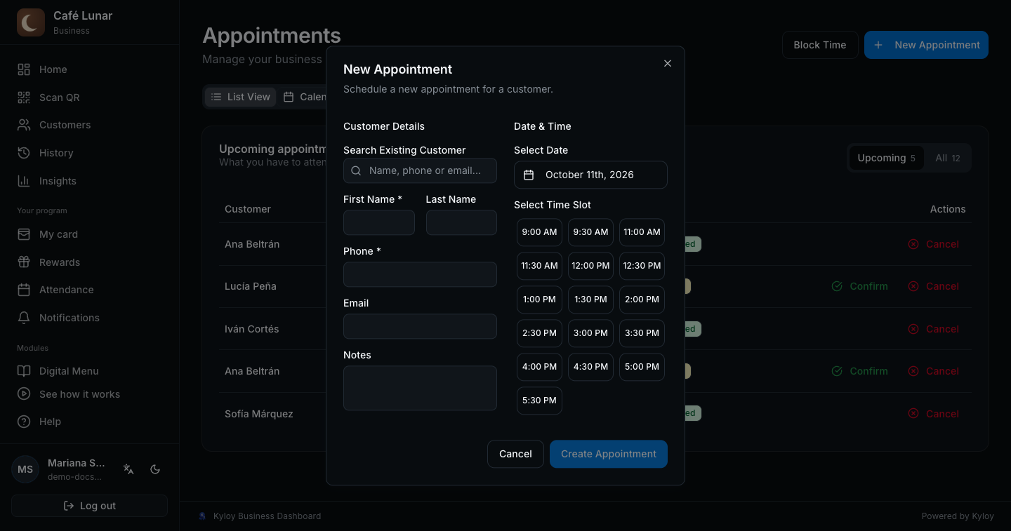 The “New Appointment” window: customer details, date and available times
