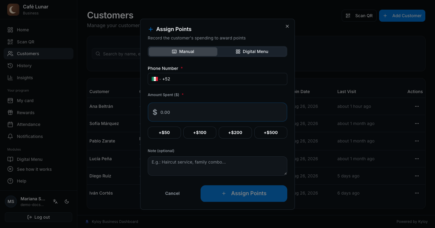 The “Assign Points” window with phone and amount spent