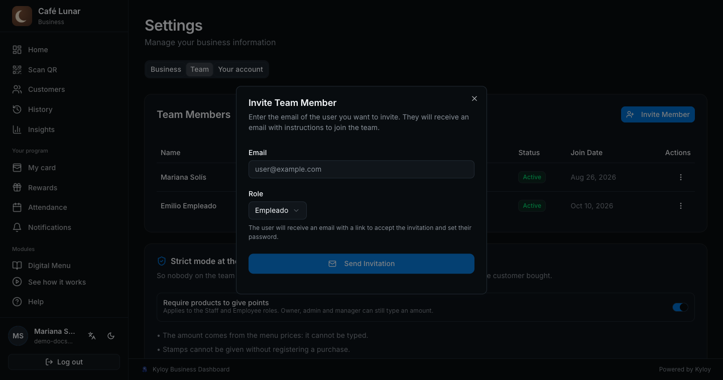 The “Invite Team Member” window with email and role