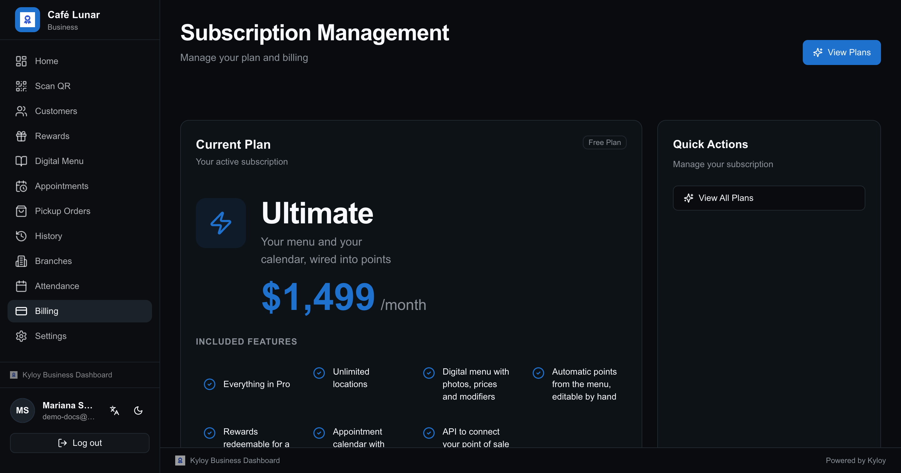 Billing screen showing the subscription status