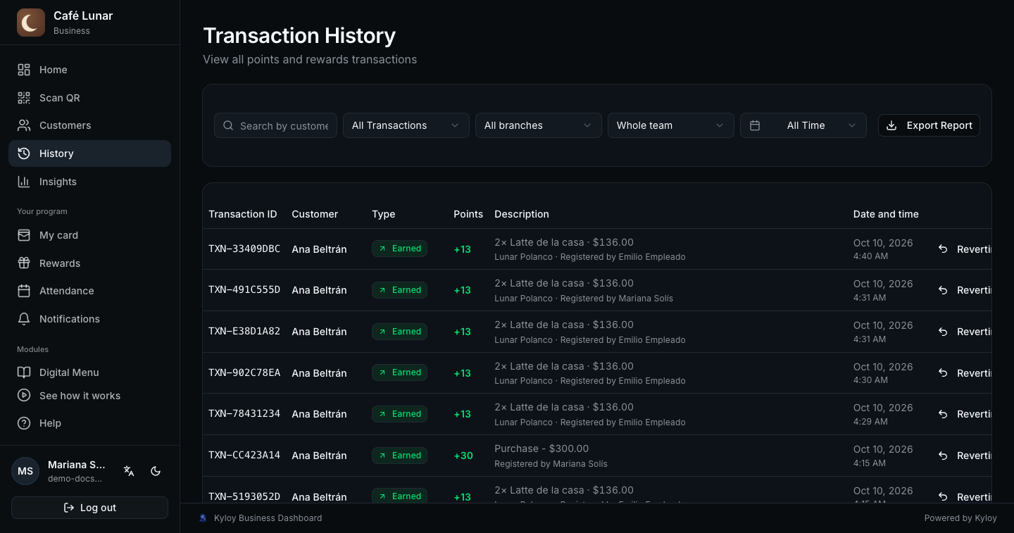 The history with its type and date filters