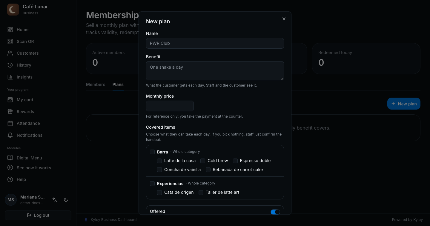 The “New plan” window: name, benefit, monthly price and covered items