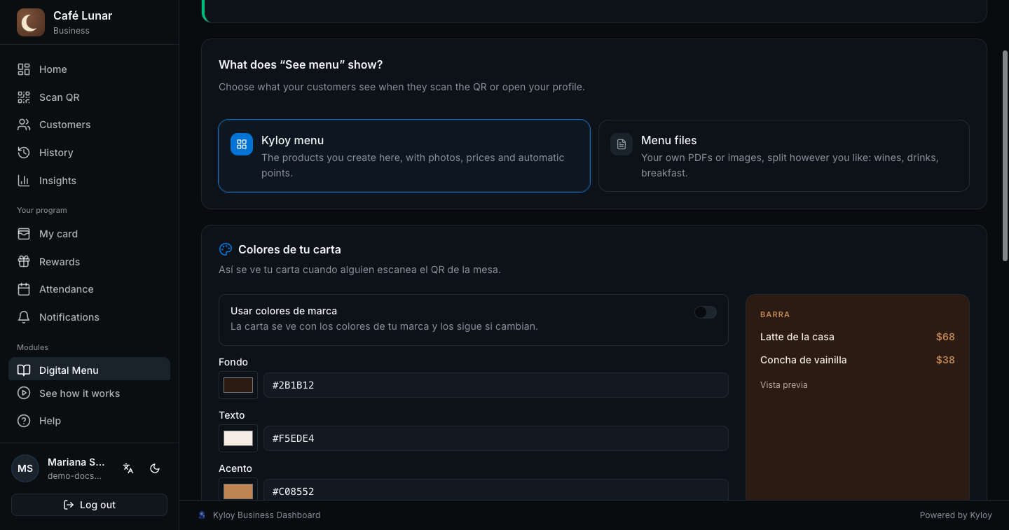 Choosing what “See menu” shows: the Kyloy menu or your menu files
