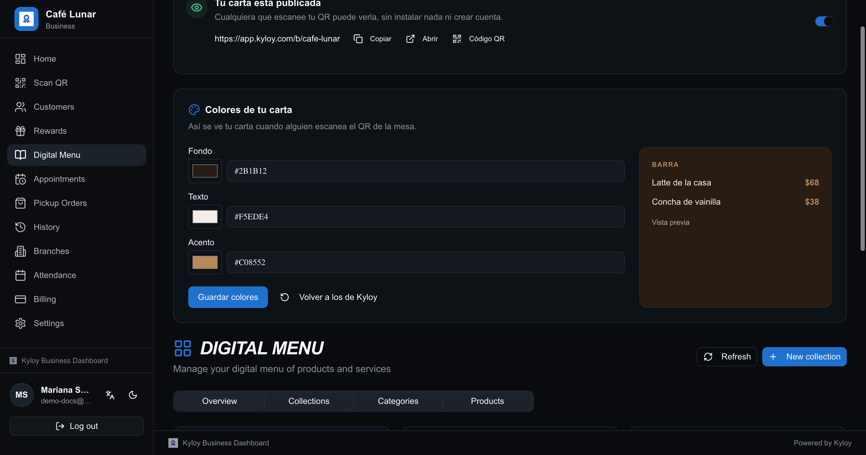 The published menu with its QR, and the background, text and accent colours with their preview