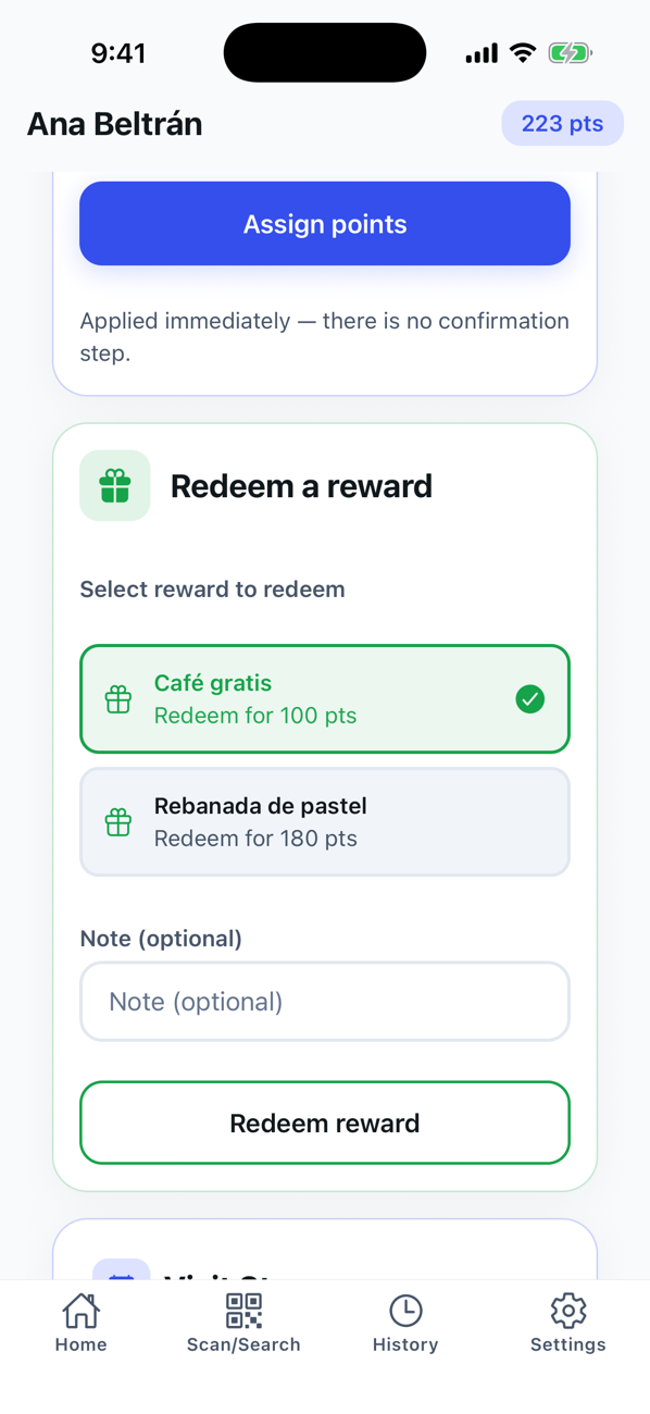 The customer’s reward list with the “Redeem reward” button