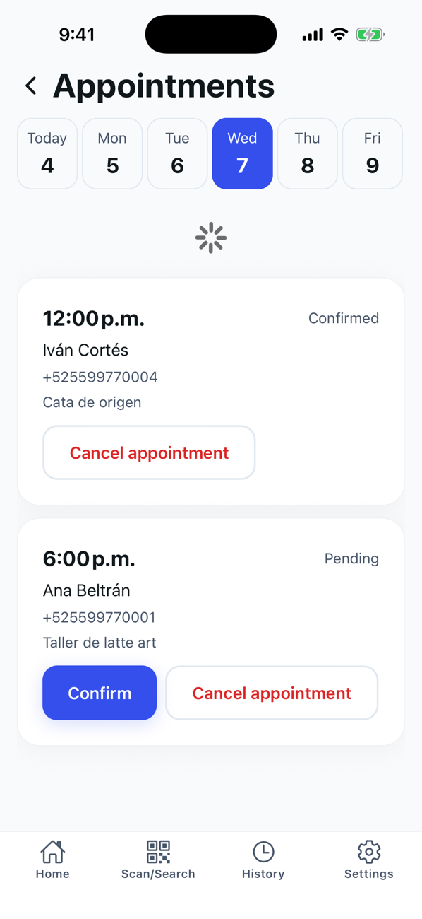 The day’s appointments in the app