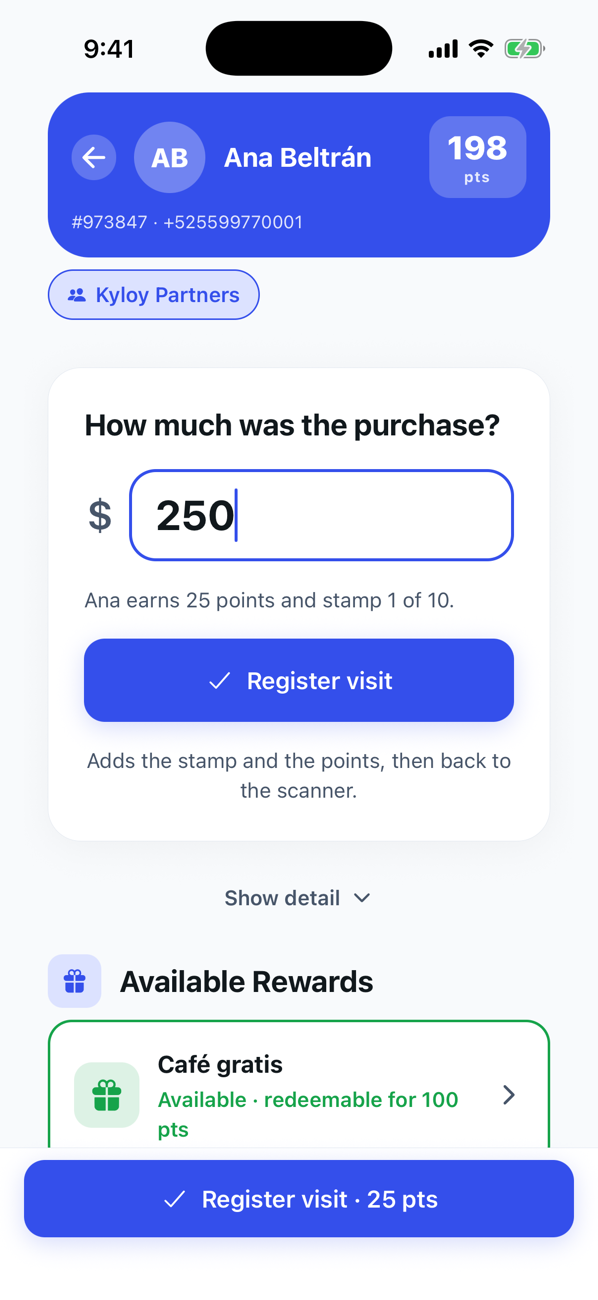 The purchase amount typed and the line saying how many points and which stamp they earn