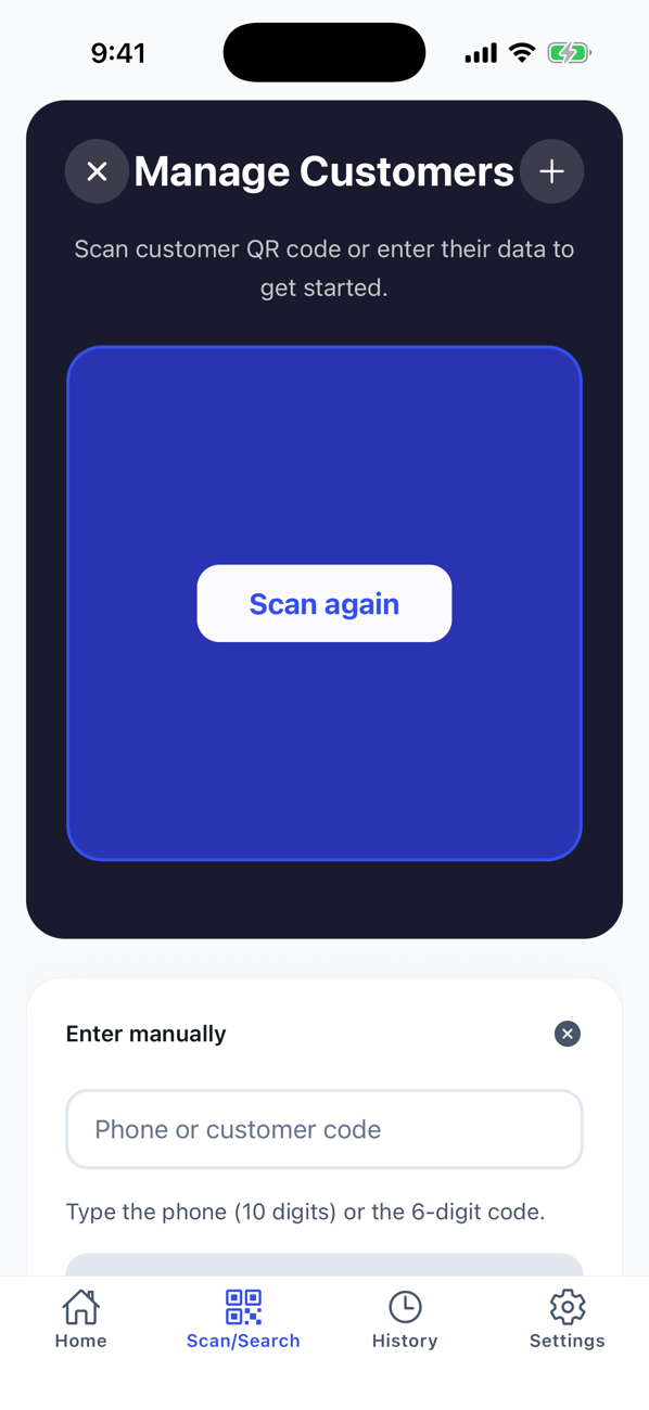 The app camera ready to read the customer’s QR