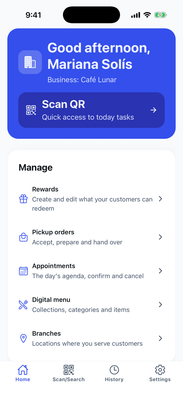 App home with the Scan QR button and the Manage menu
