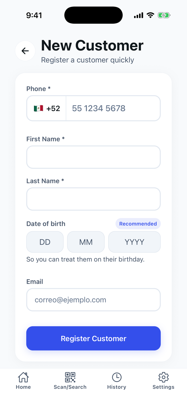 “New Customer” form with phone, first name, last name and date of birth