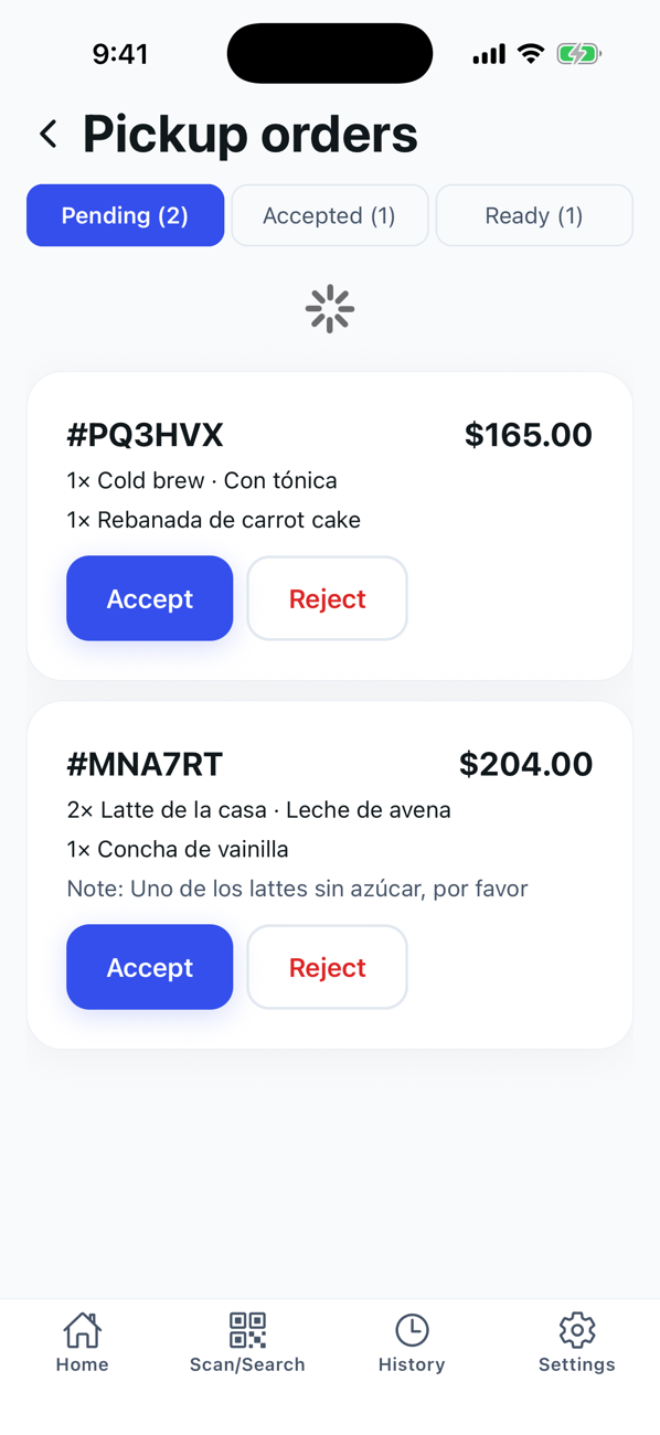 Pickup orders in the app