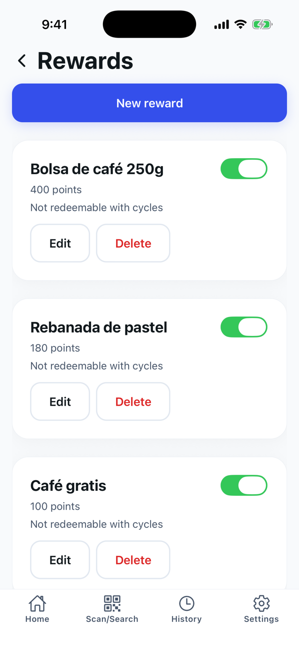 Rewards list in the app