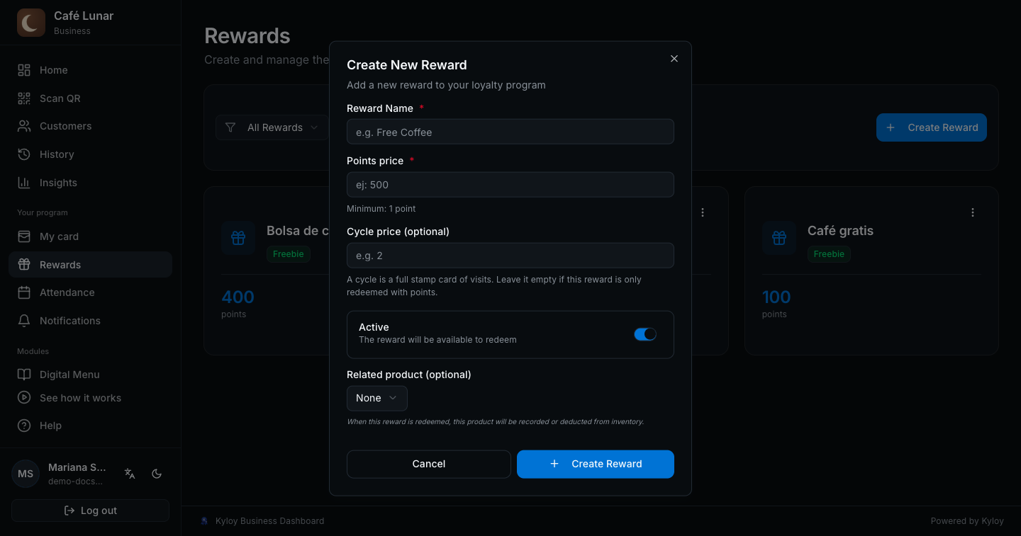 The “Create New Reward” window: name, points price, cycle price and Active