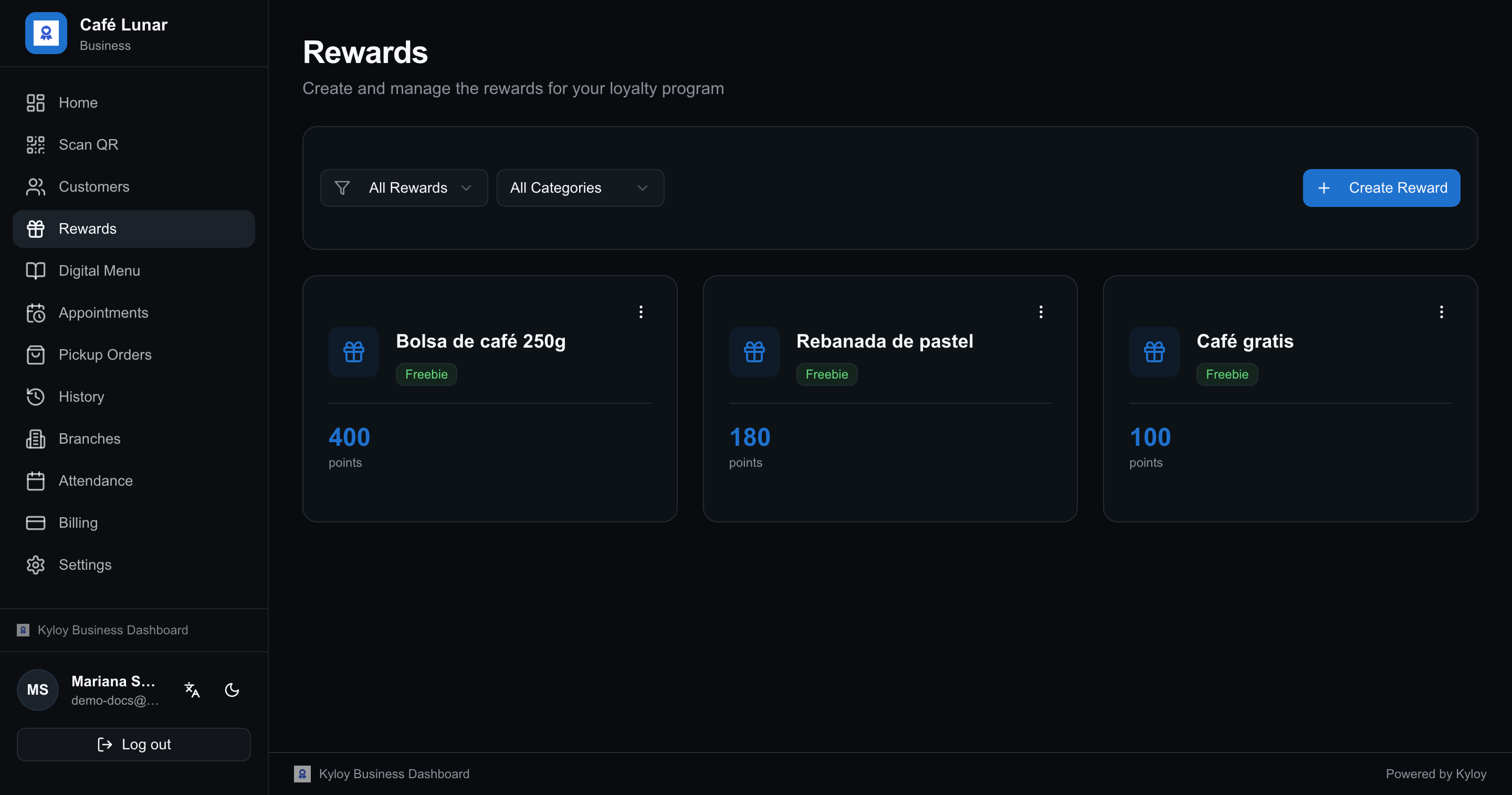 Rewards list, each with its price in points