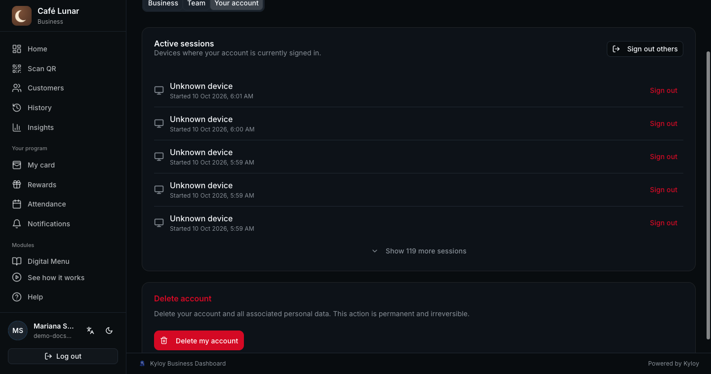 Active sessions: the list of devices with the Sign out button