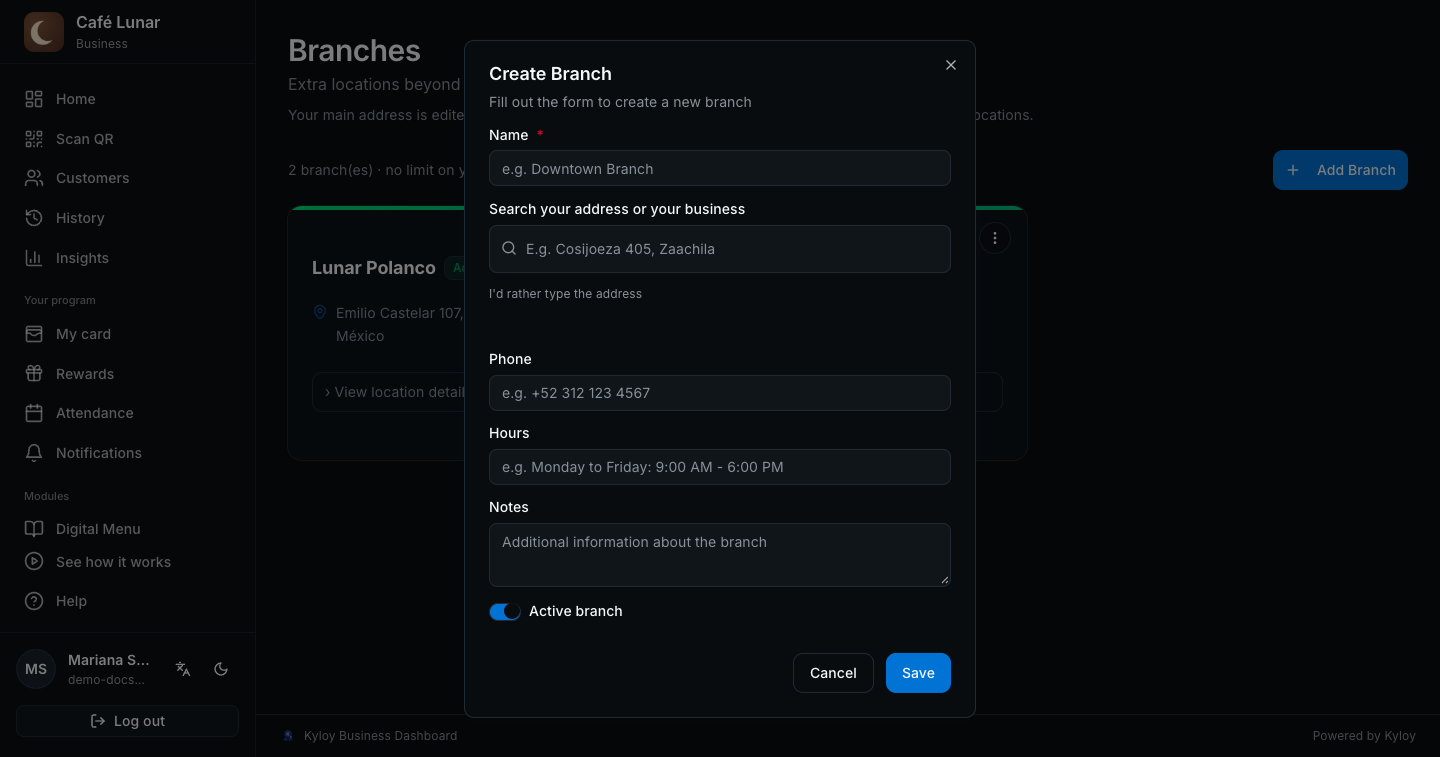 The “Create Branch” window with name, address, phone and hours