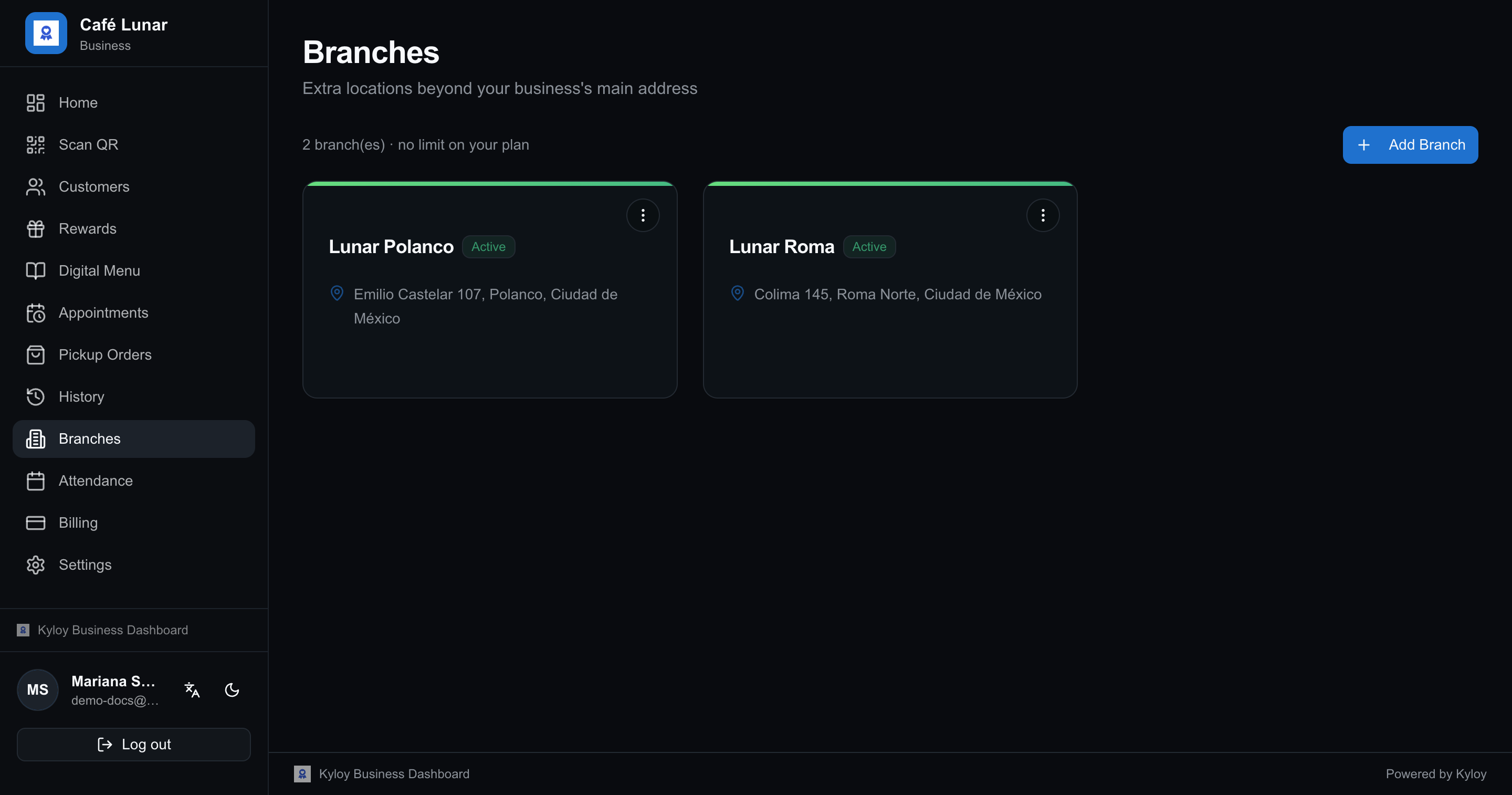 Branch list with their addresses