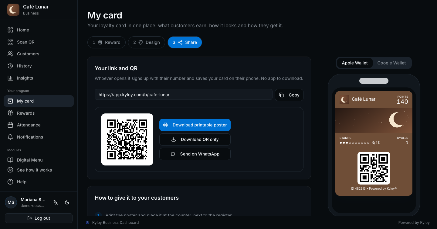 “My card” on the sharing step, with the link, the QR and the poster and WhatsApp buttons
