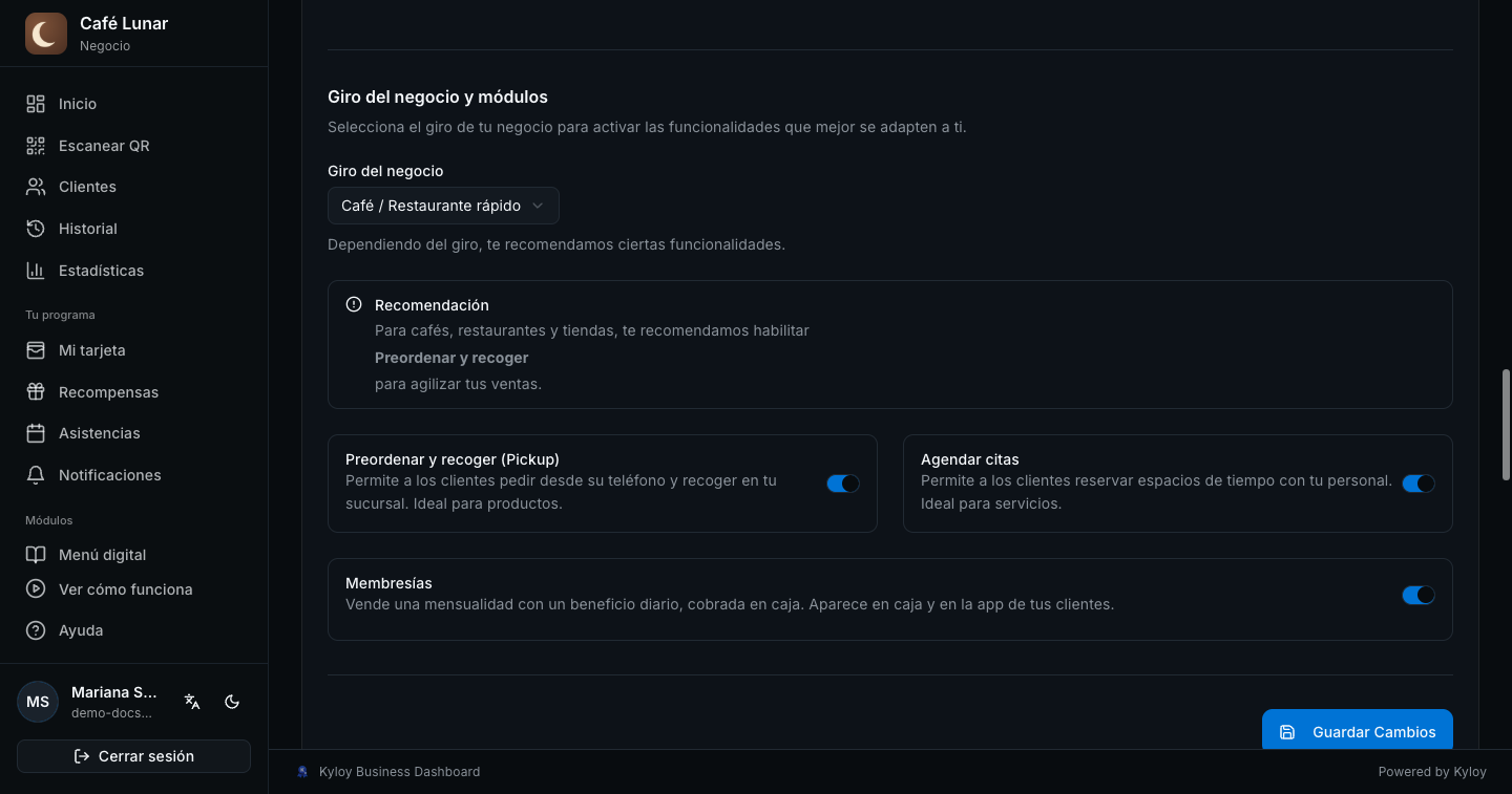 Configuración: los interruptores de Pickup, citas y membresías