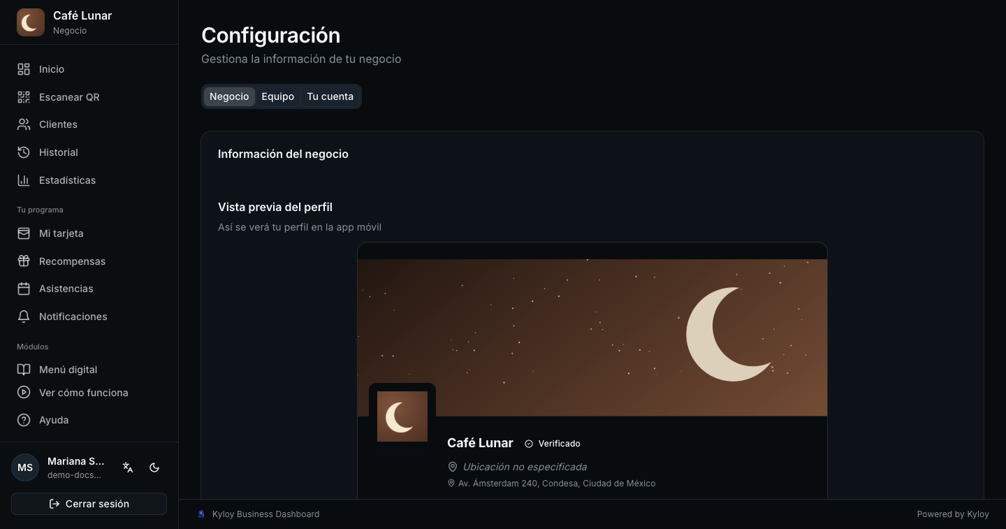 Configuración: la vista previa del perfil, el banner y el logo del negocio