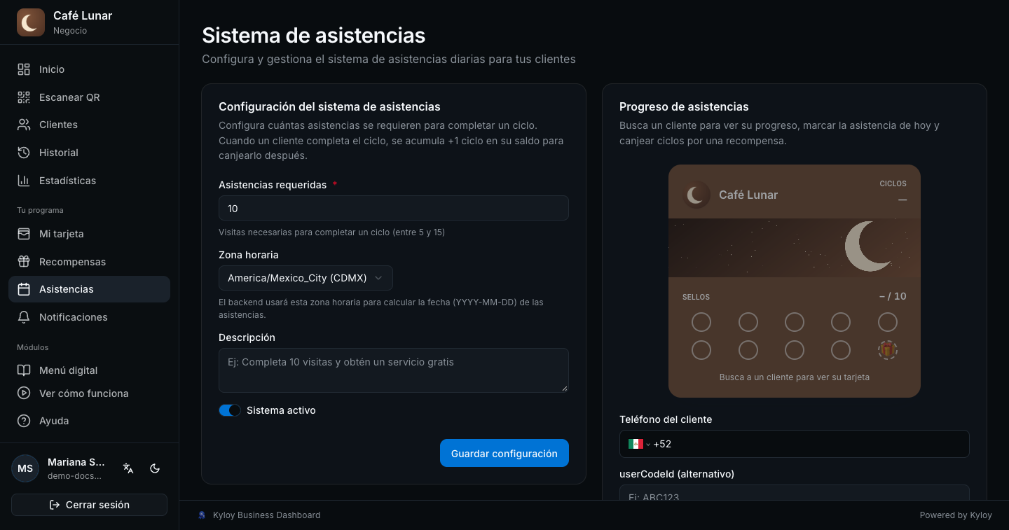 Asistencias: las visitas requeridas por ciclo y el progreso de cada cliente