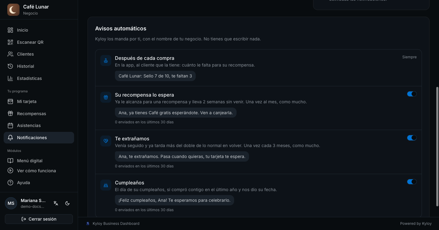 Avisos automáticos: después de cada compra, recompensa lista, te extrañamos y cumpleaños, con sus interruptores