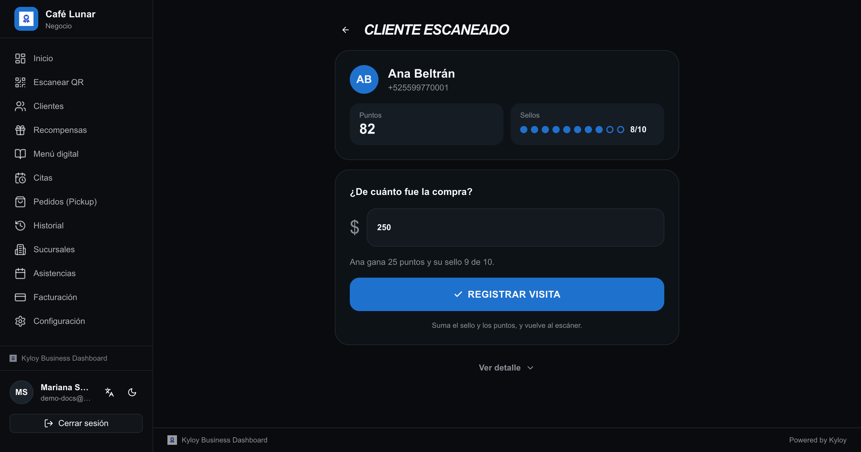 La caja: el importe escrito y la frase que dice cuántos puntos y qué sello va a ganar