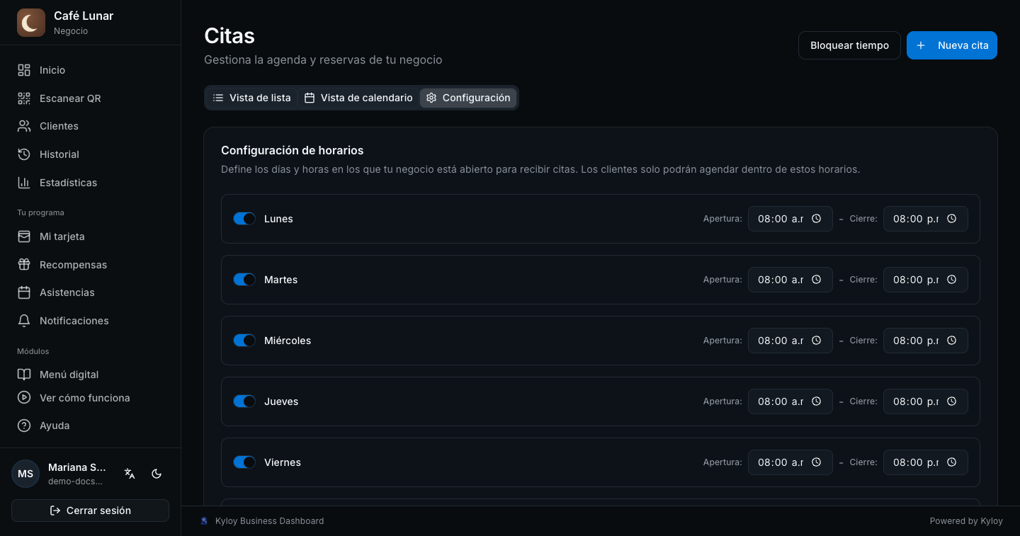 La pestaña Configuración de Citas: cada día con su hora de apertura y cierre