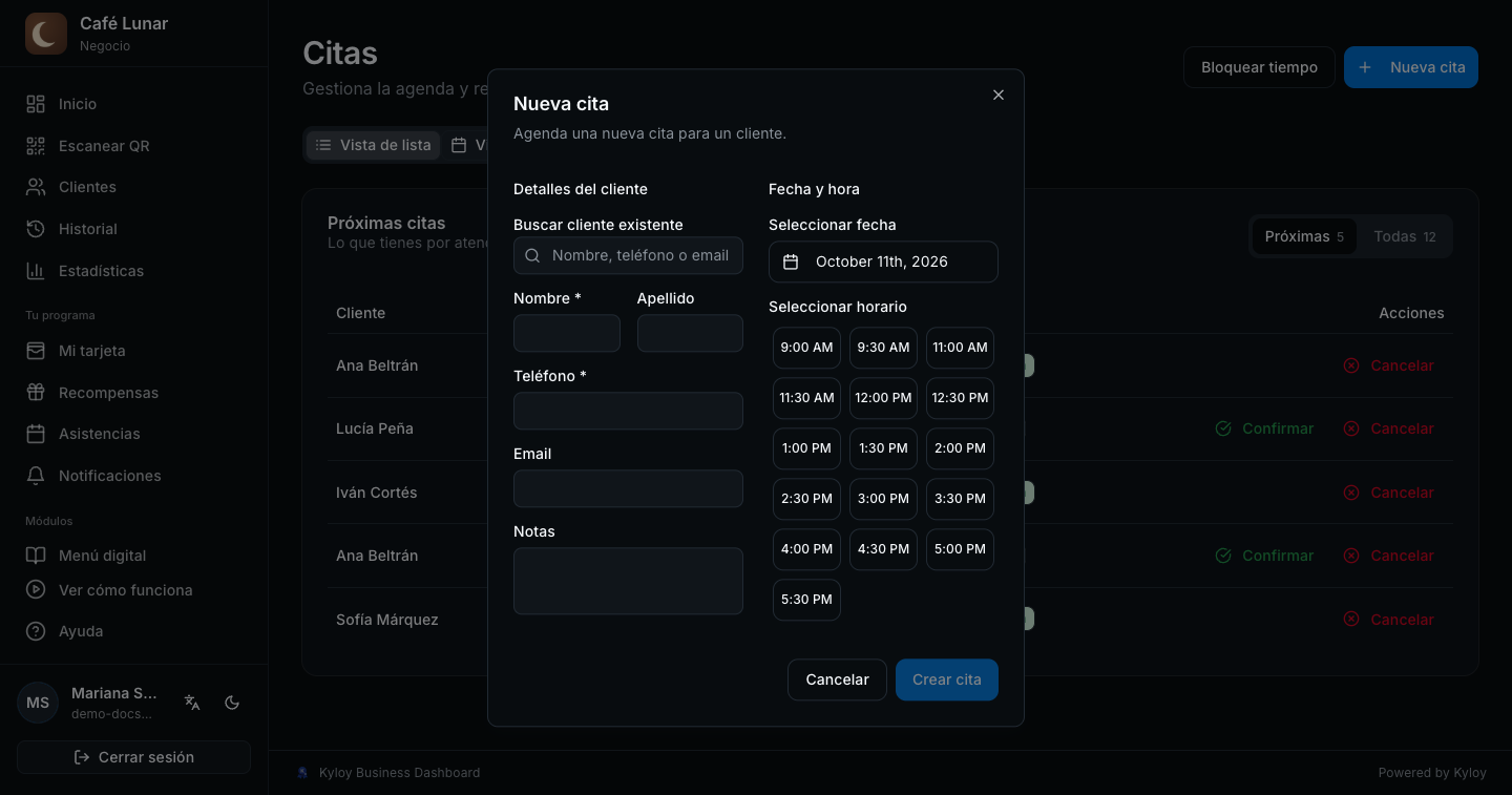 La ventana «Nueva cita»: datos del cliente, fecha y horarios disponibles