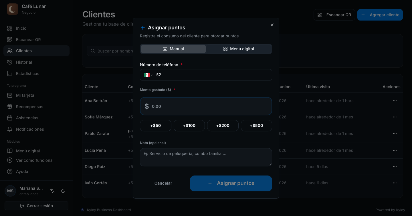 La ventana «Asignar puntos» con el teléfono y el monto gastado