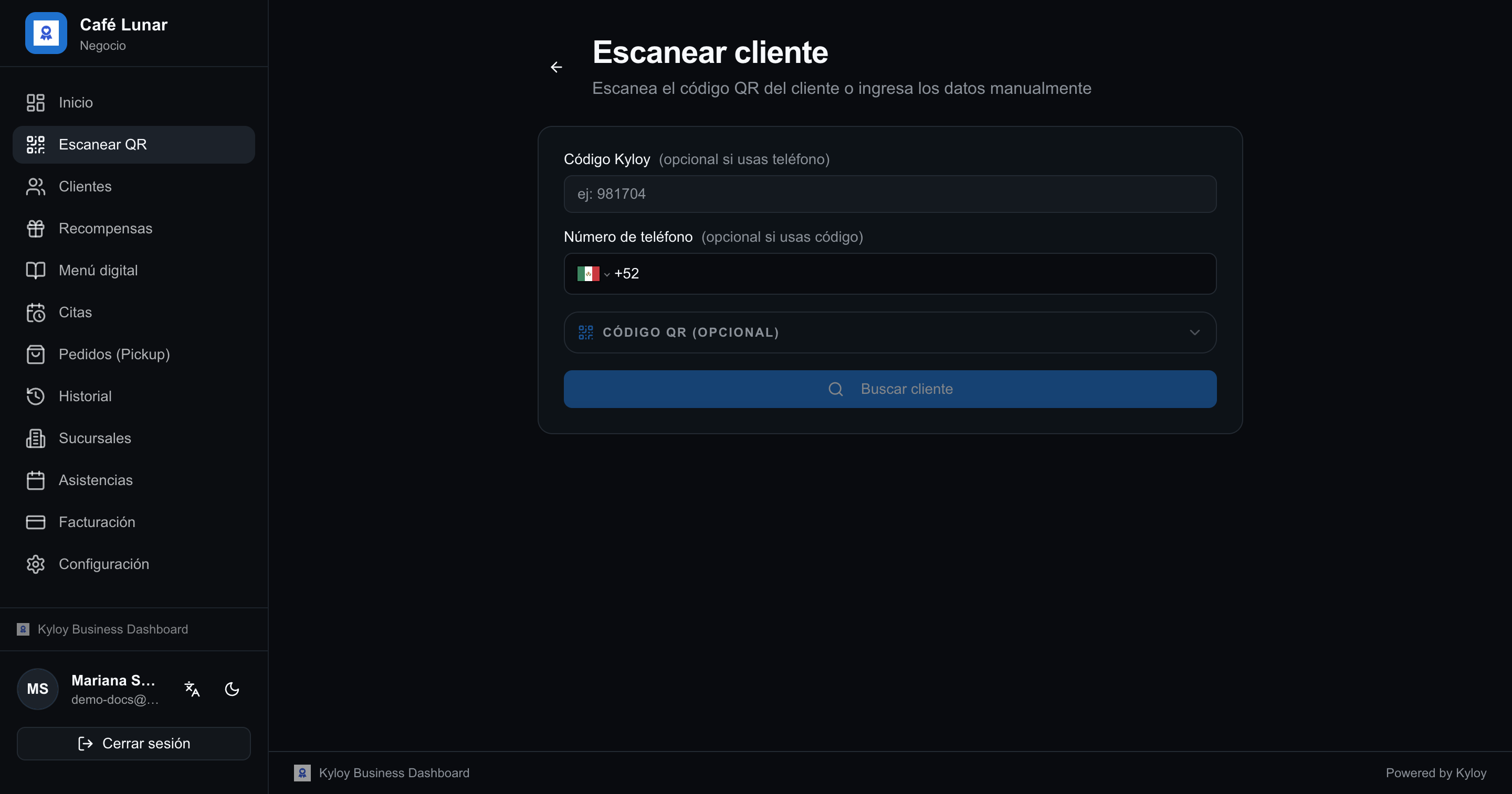 Pantalla de escaneo, con el lector de código listo