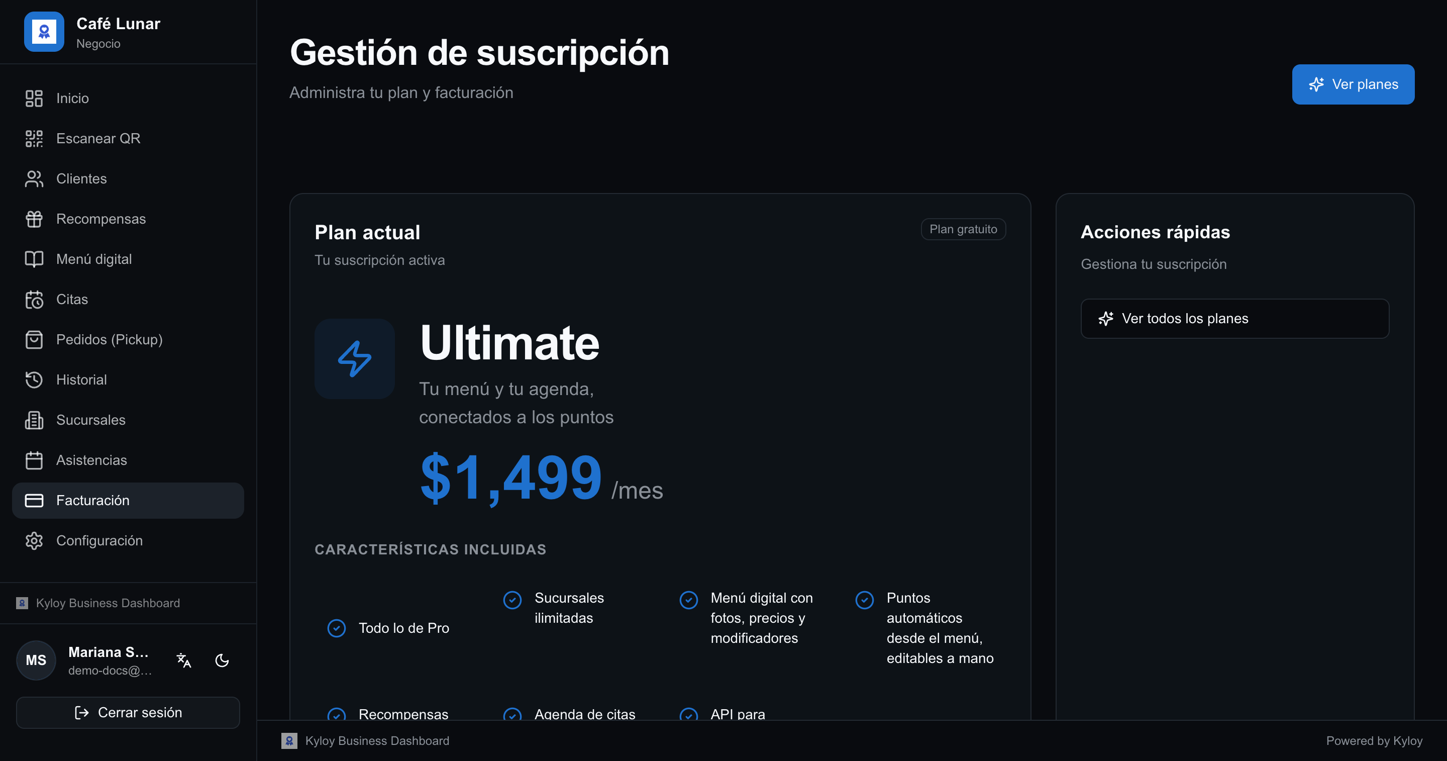 Pantalla de facturación con el estado de la suscripción
