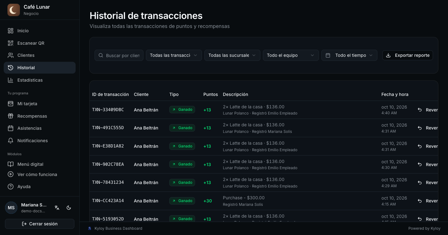 El historial con sus filtros de tipo y fecha