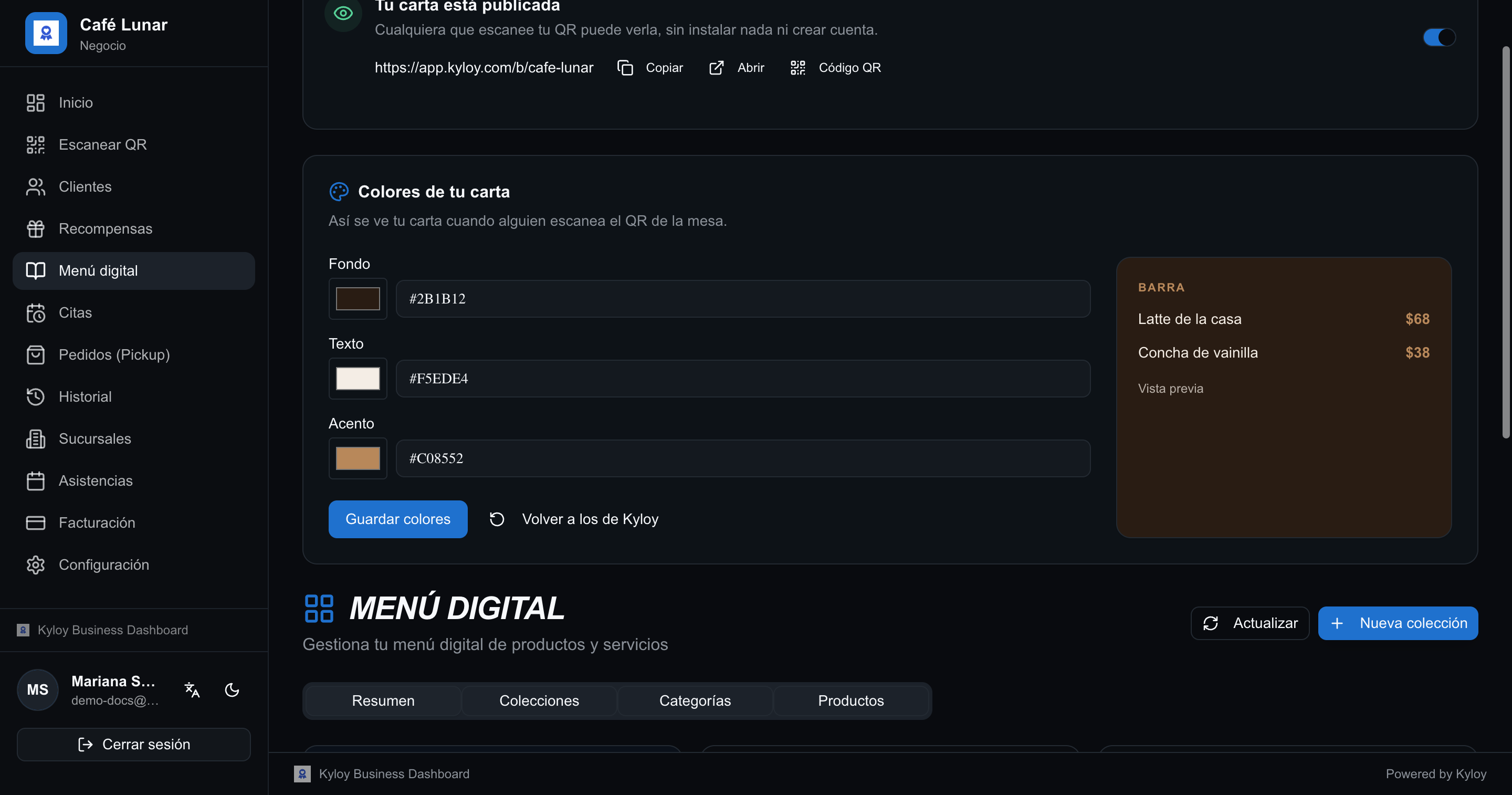 La carta publicada con su QR, y los colores de fondo, texto y acento con su vista previa