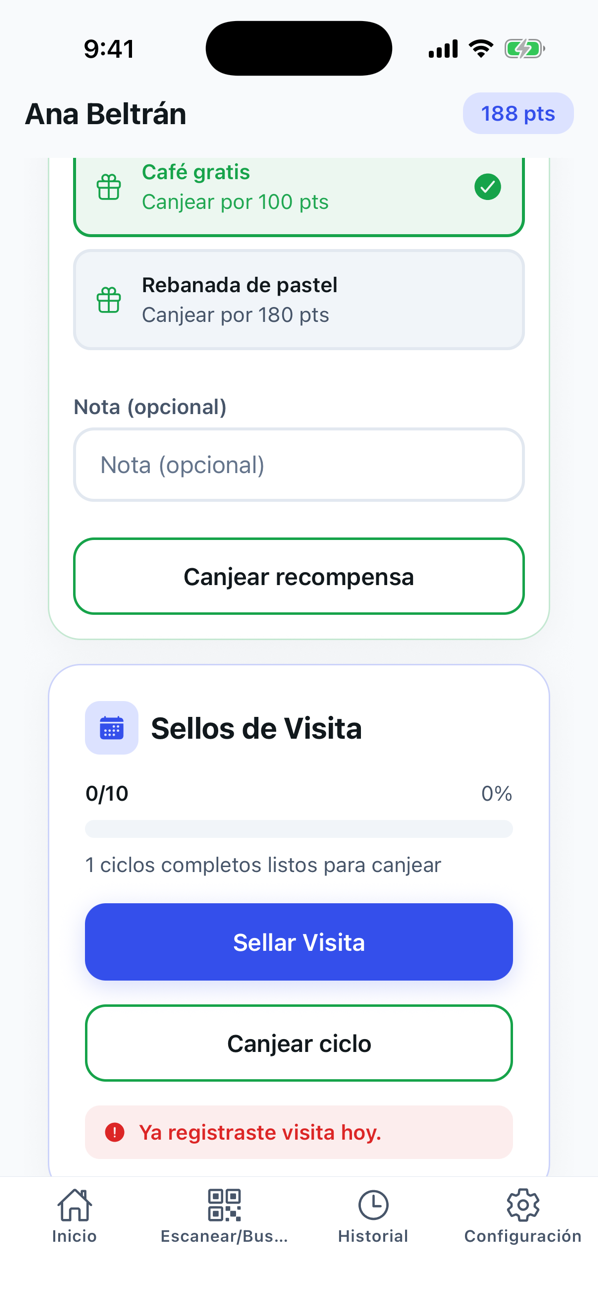 Lista de recompensas del cliente con el botón «Canjear recompensa»