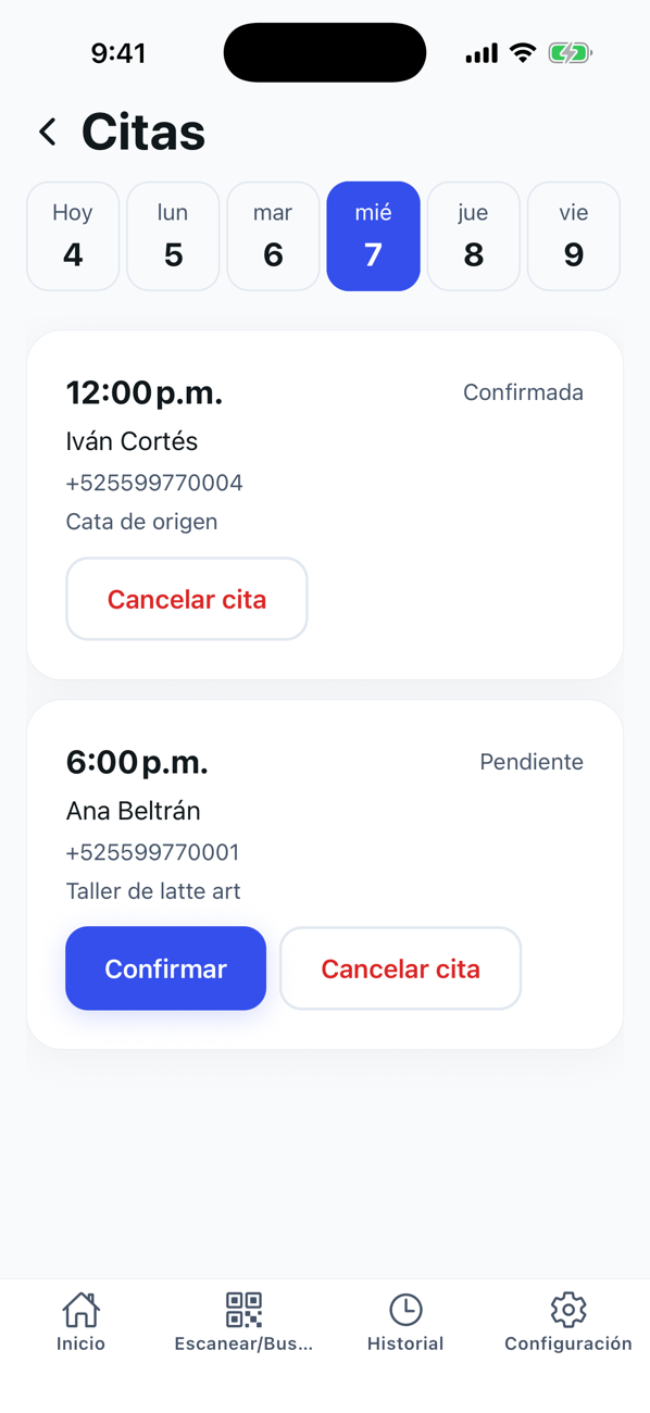 Agenda de citas del día en la app