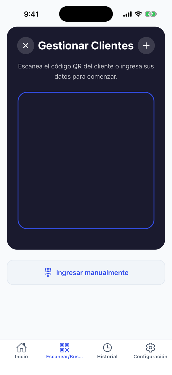 La cámara de la app lista para leer el QR del cliente