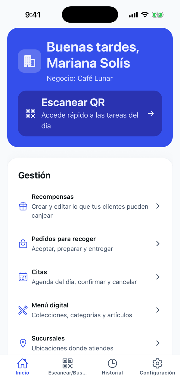 Inicio de la app con el botón Escanear QR y el menú Gestión