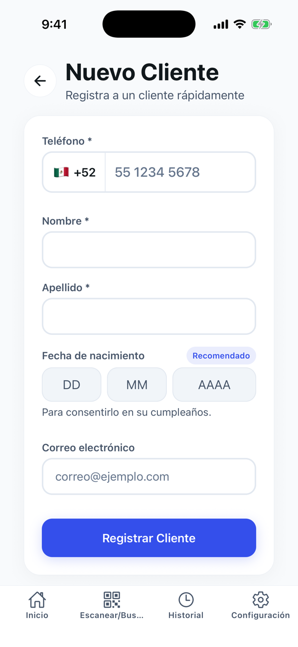 Formulario «Nuevo Cliente» con teléfono, nombre, apellido y fecha de nacimiento