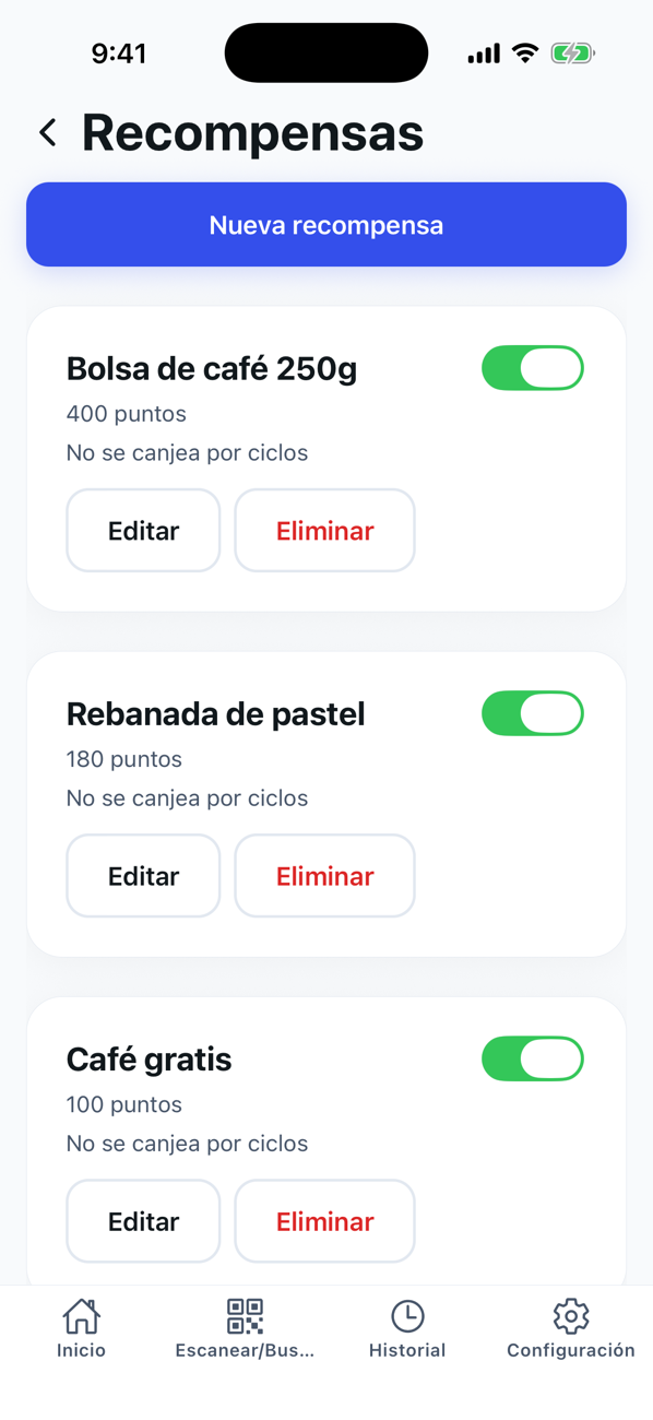 Lista de recompensas en la app