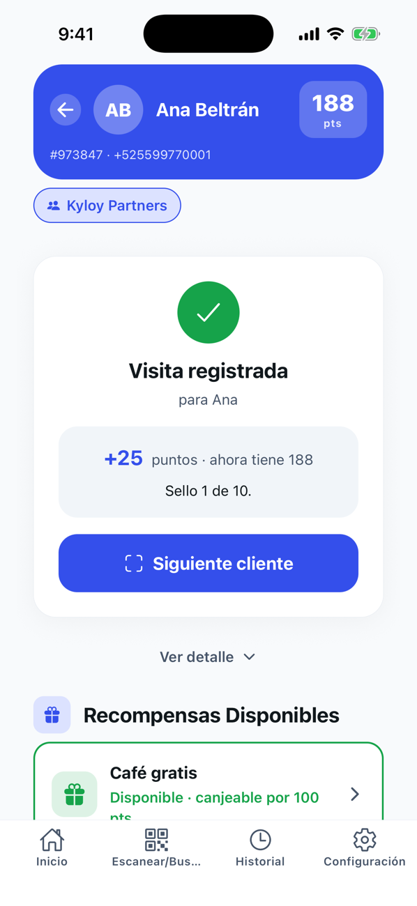 Confirmación de visita registrada con los puntos sumados