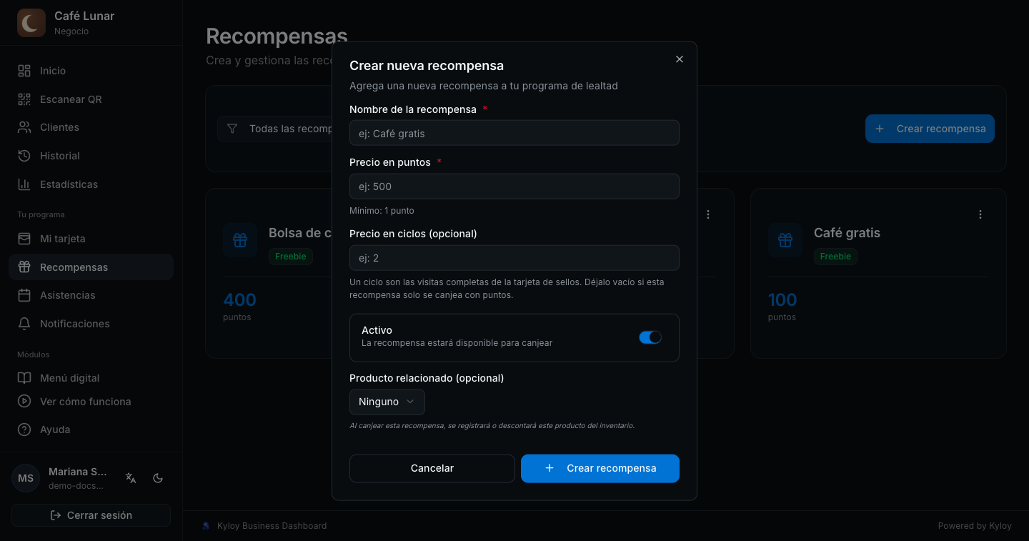 La ventana «Crear nueva recompensa»: nombre, precio en puntos, precio en ciclos y Activo
