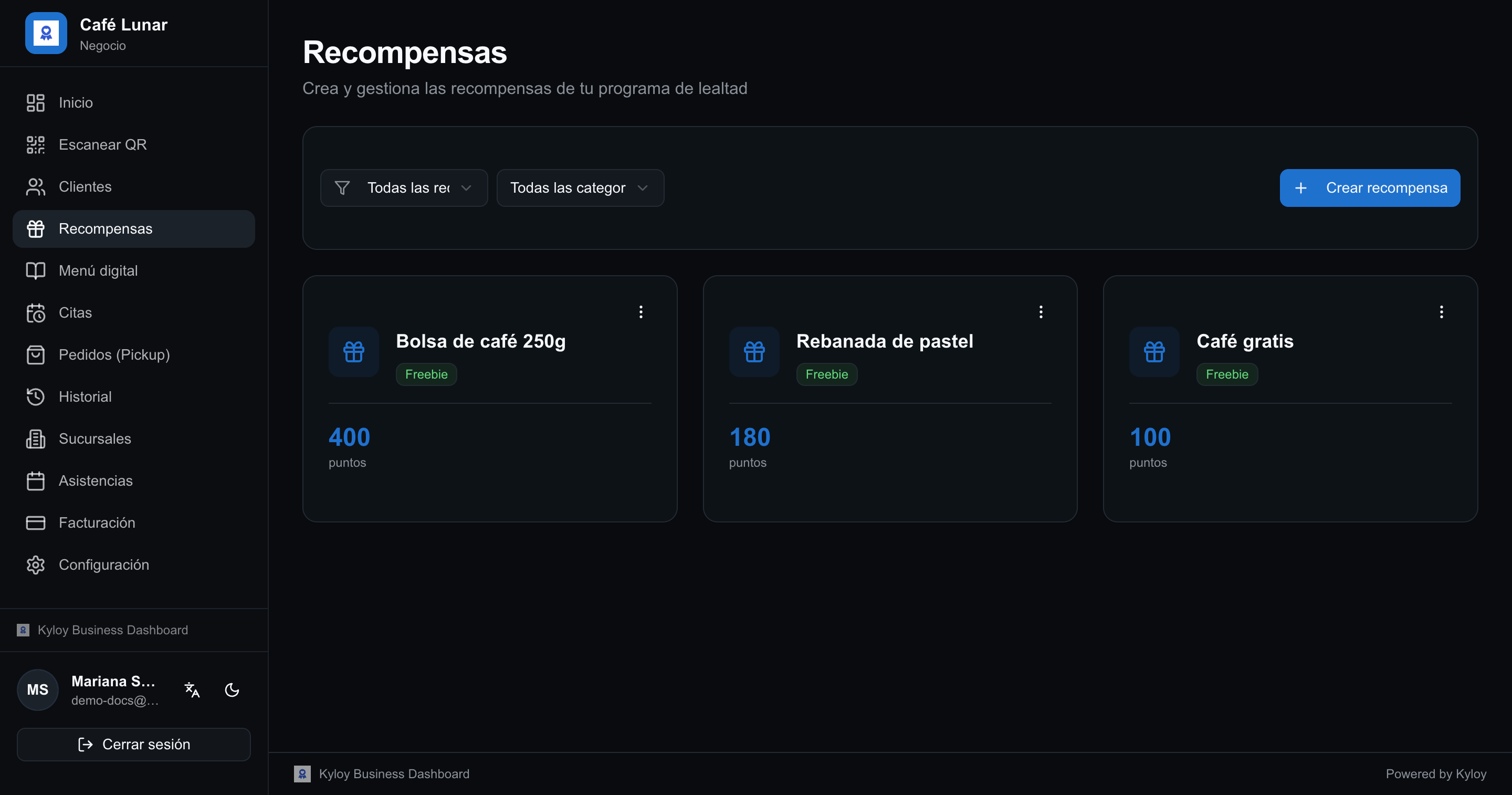 Lista de recompensas, cada una con su precio en puntos
