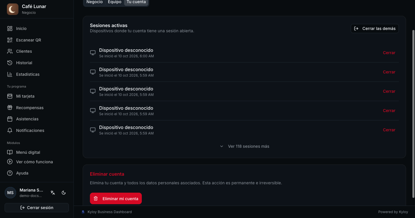Sesiones activas: la lista de dispositivos con el botón Cerrar