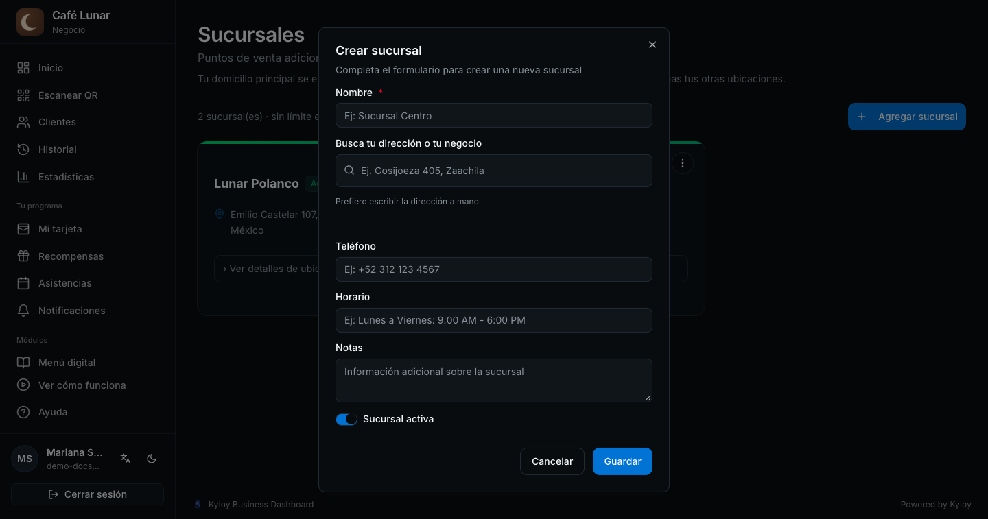 La ventana «Crear sucursal» con nombre, dirección, teléfono y horario