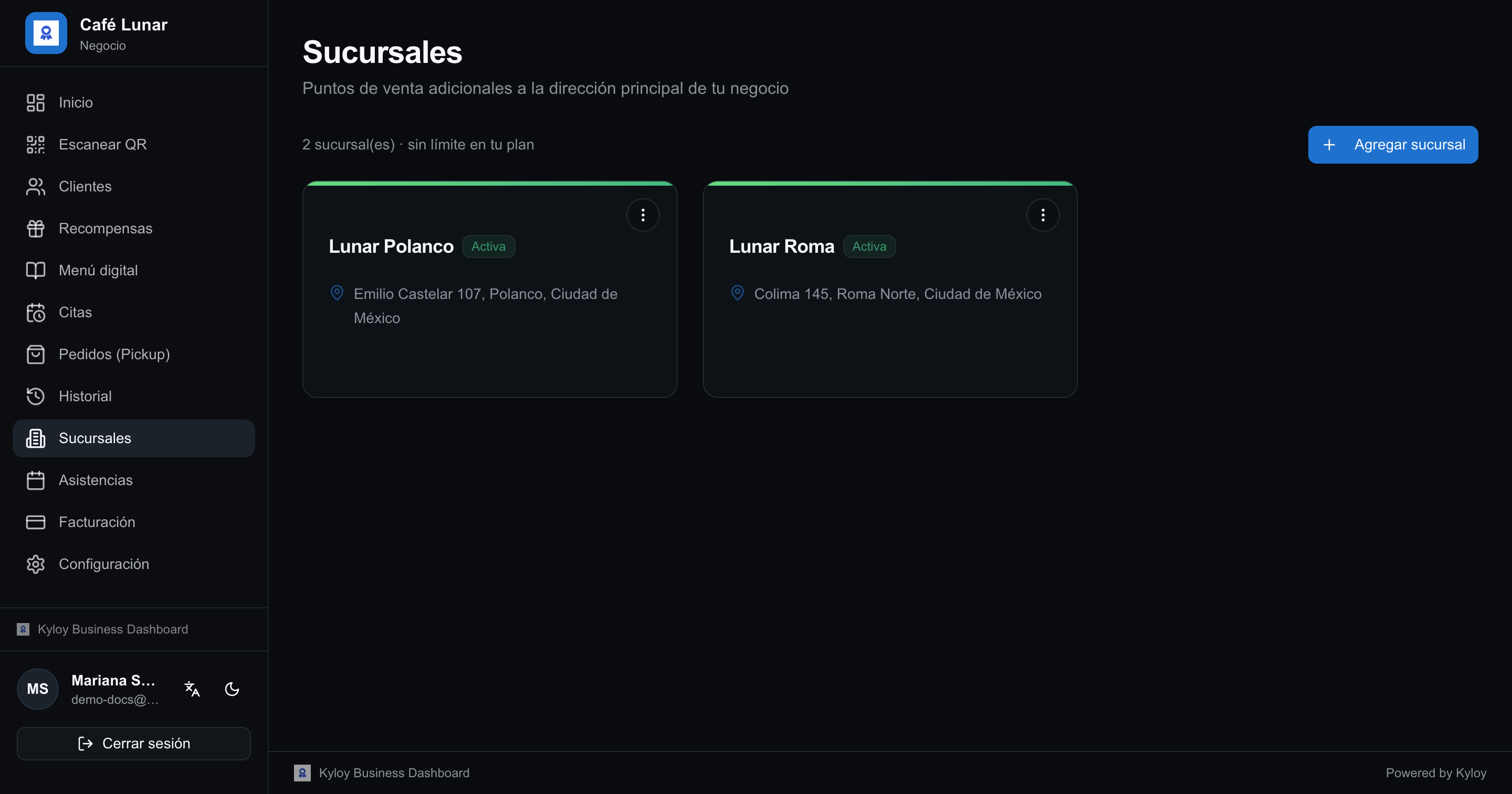Lista de sucursales con su dirección
